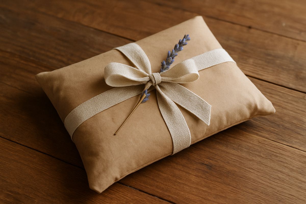 Bouillotte emballée dans du papier kraft avec un ruban et de la lavande
