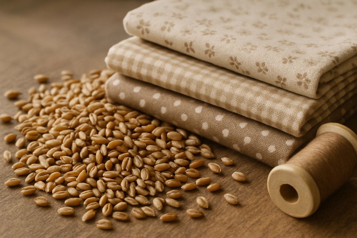Grains de blé, tissus en coton et bobine de fil