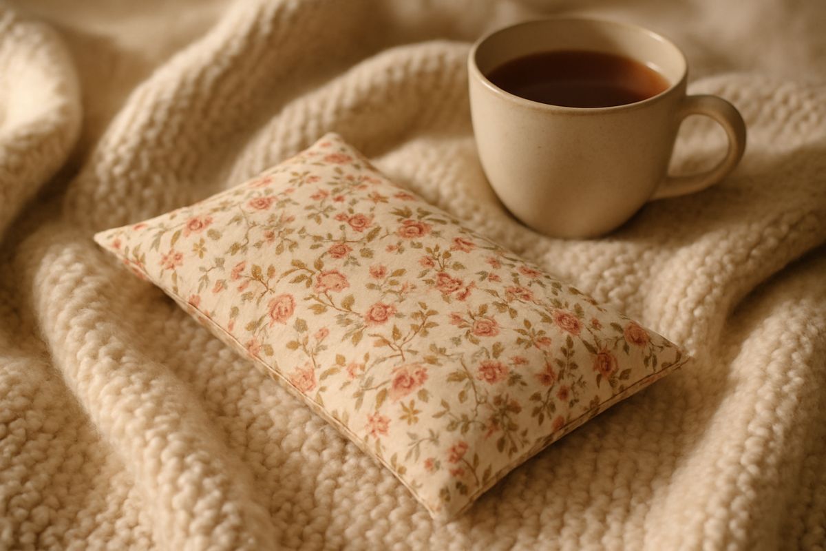 Bouillotte en tissu fleuri sur un plaid, à côté d'une tasse de thé