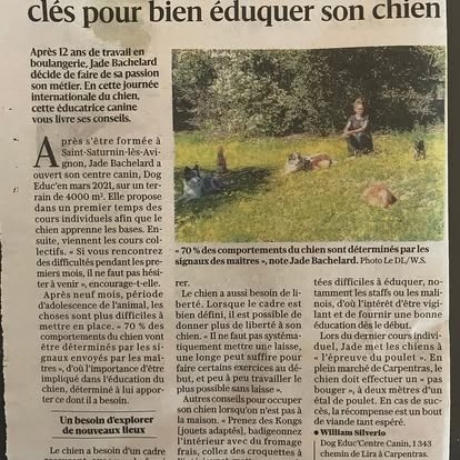 Coupure de l'article du Dauphiné Libéré : « Une éducatrice canine livre les clés pour bien éduquer son chien »